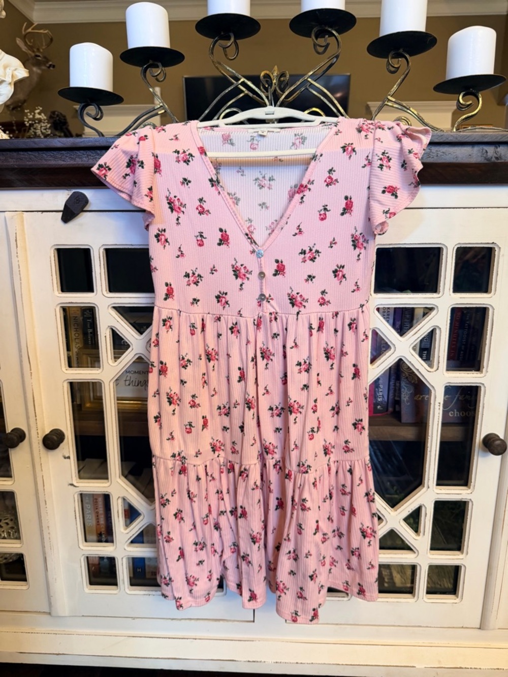 Pink Floral Mini Dress with V-Neck and Flutter Sleeves